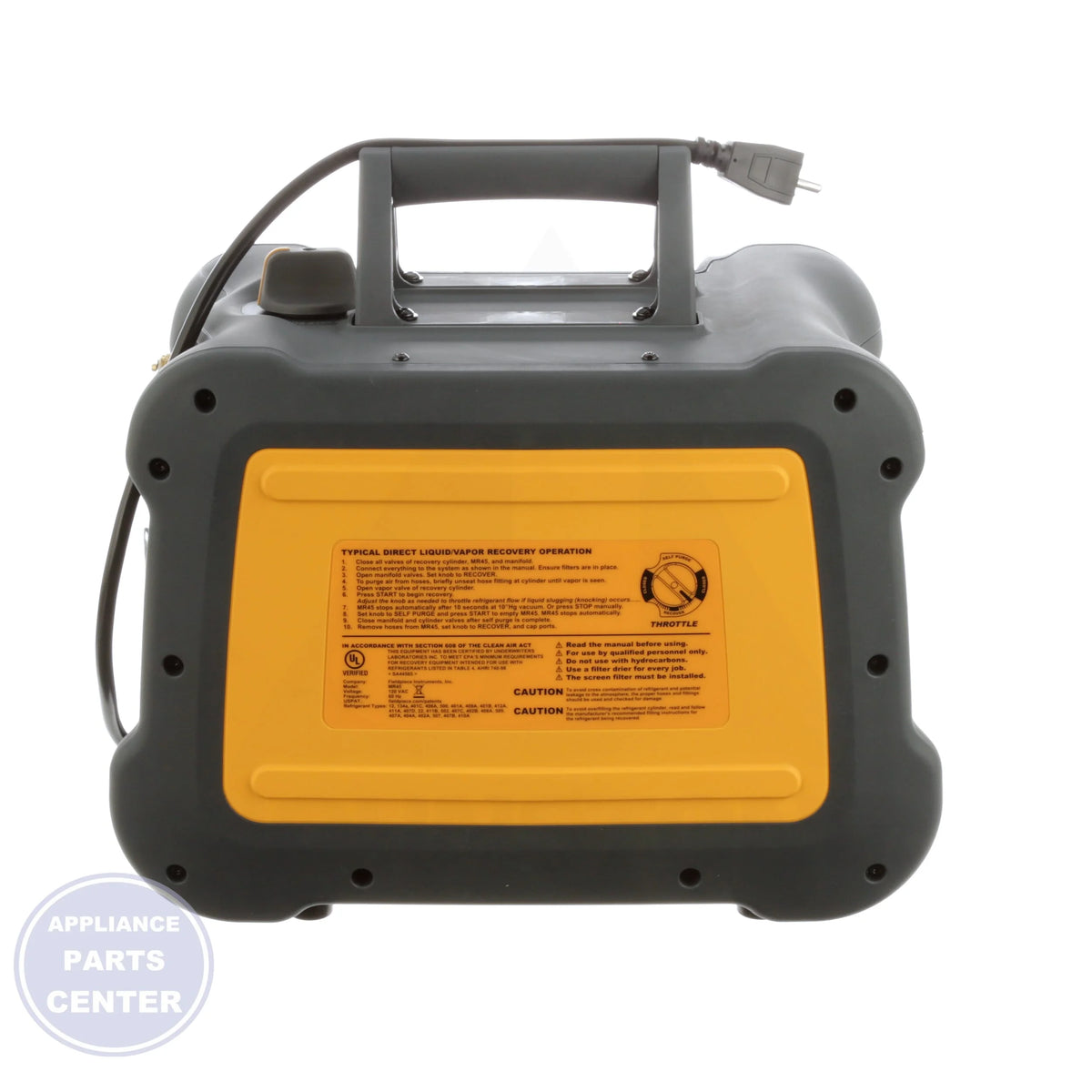 Refrigerant Recovery Unit MR45 - Side view with dimensions 9.8" W x 13.5" H x 14.8" D