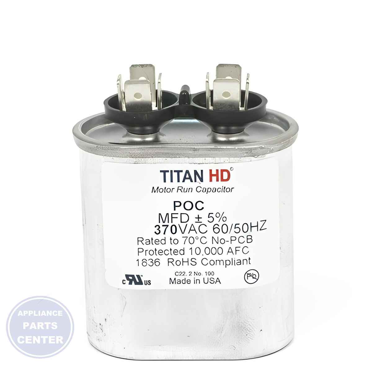 PACKARD TITAN HD RUN CAPACITOR 10 MFD 370 VOLT OVAL - Detailed view of 10 MFD capacity