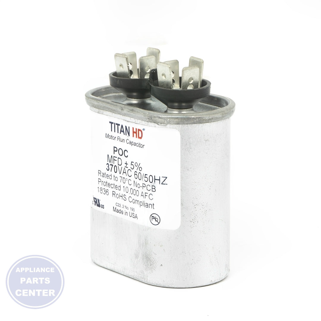 PACKARD TITAN HD RUN CAPACITOR 10 MFD 370 VOLT OVAL - Main view showing enhanced capacity for specific models