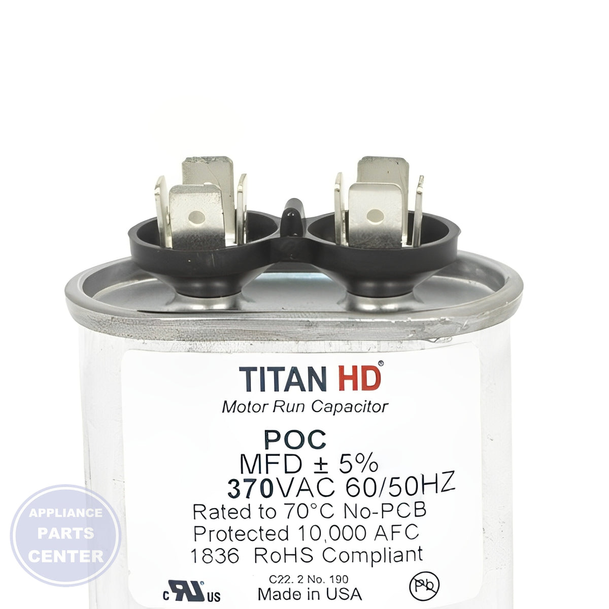 PACKARD TITAN HD RUN CAPACITOR 10 MFD 370 VOLT OVAL - Side view with 370V specifications