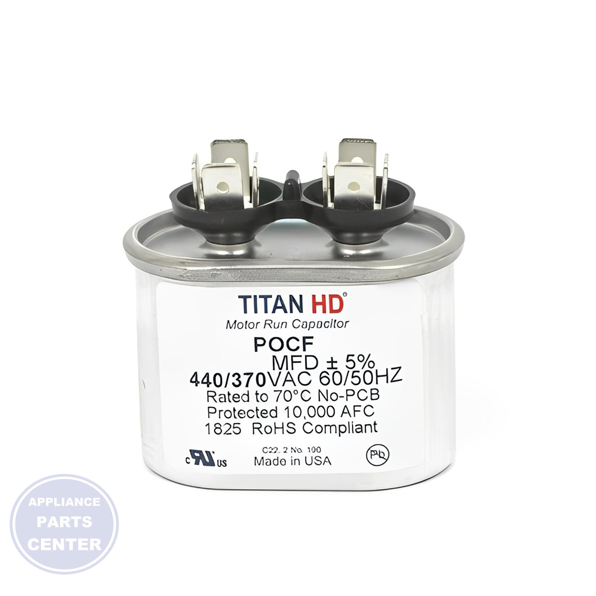 [Brand] PACKARD TITAN HD RUN CAPACITOR 5 MFD 440/370 VOLT OVAL - Main view showing capacitor design for undefined PAC models