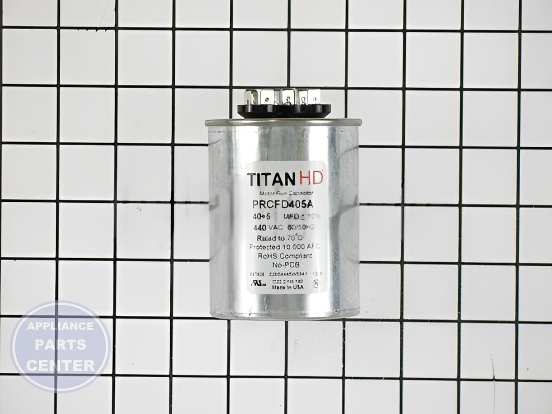 PACKARD TITAN HD RUN CAPACITOR 40+5 MFD 440/370 VOLT ROUND - Main view showing capacitance for various models