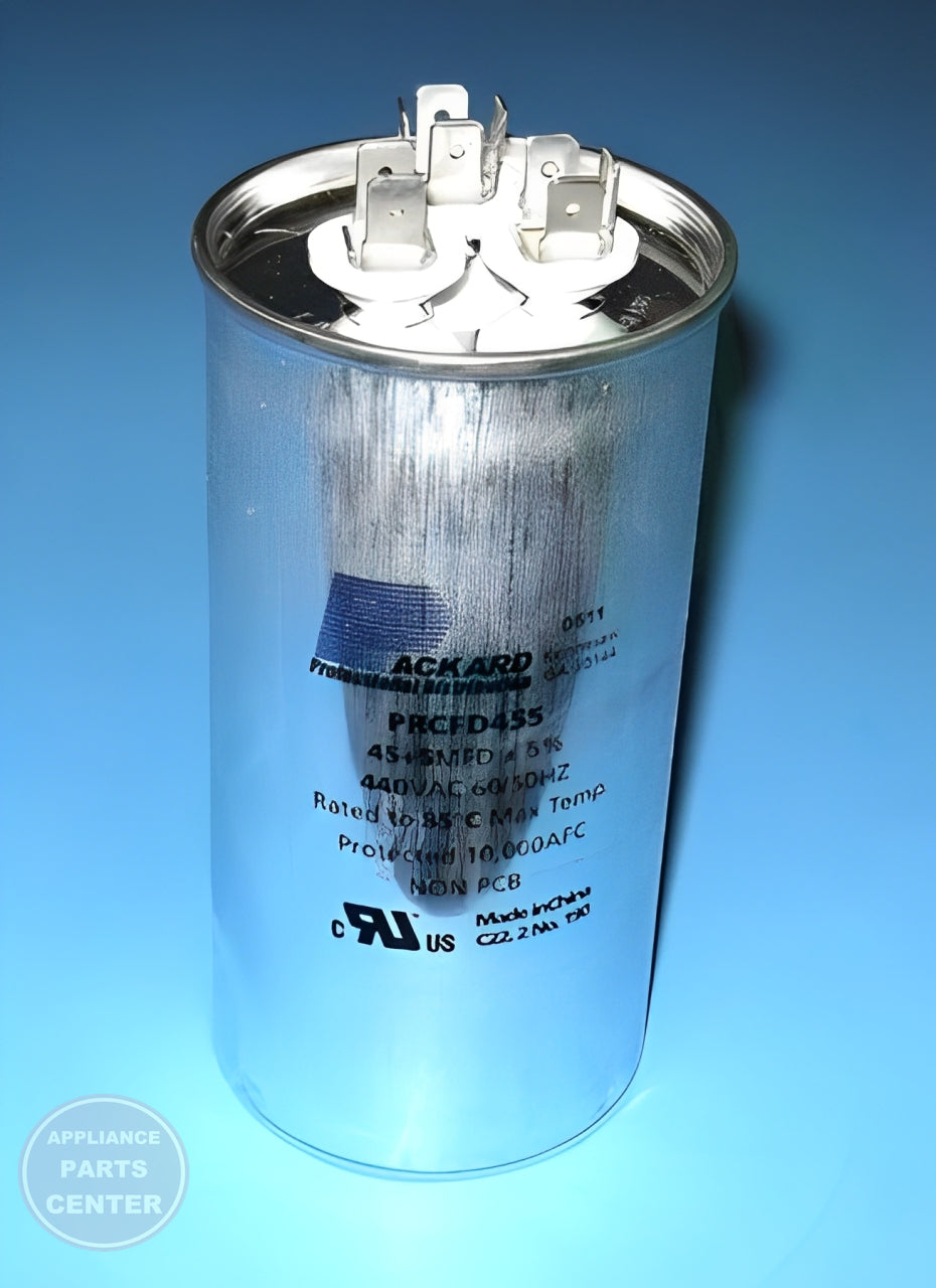 PACKARD TITAN HD RUN CAPACITOR 45+5 MFD 440/370 VOLT ROUND - Side view with 45+5 MFD capacity specs