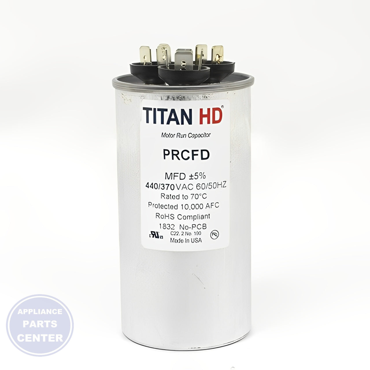 PACKARD TITAN HD RUN CAPACITOR 45+5 MFD 440/370 VOLT ROUND - Main view showing round design for top appliances