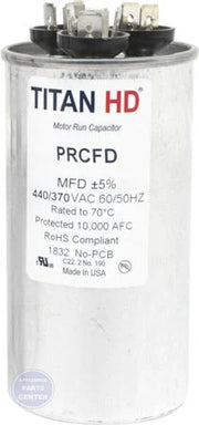 [Brand] TITAN HD Run Capacitor Round PRCFD5010A - Main view showing aluminum case construction for air conditioning units