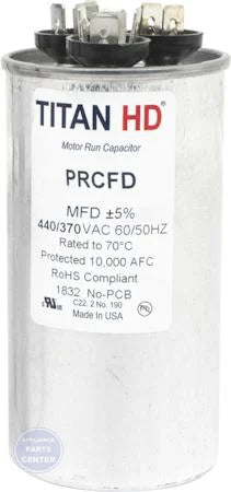 [Brand] TITAN HD Run Capacitor Round PRCFD5010A - Main view showing aluminum case construction for air conditioning units