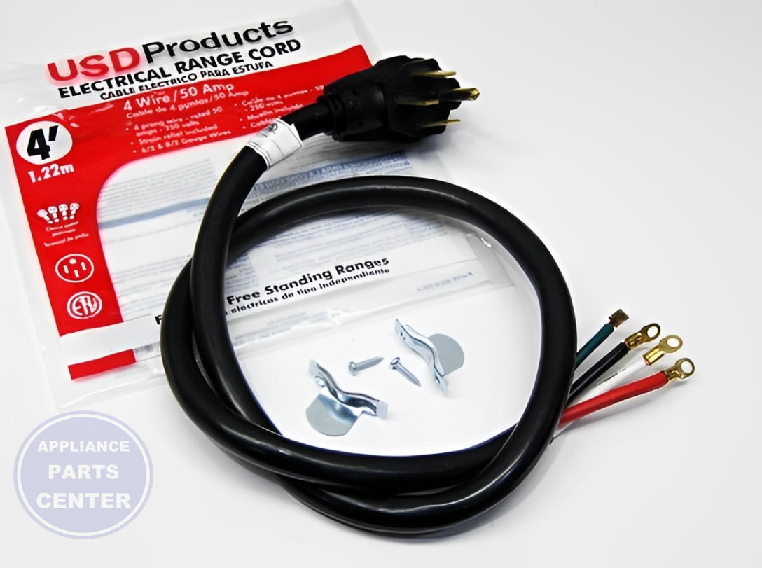USD PRODUCTS RANGE 4' 4 WIRE CORD 50 AMP - Side view with 4-foot length and 4-wire setup