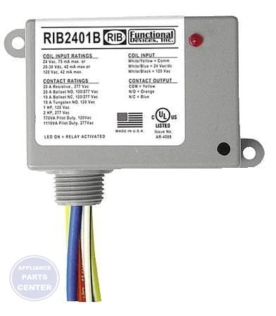 [Brand] Enclosed Power Relay RIB2401B - Main view showing dual voltage coil for [specific models]