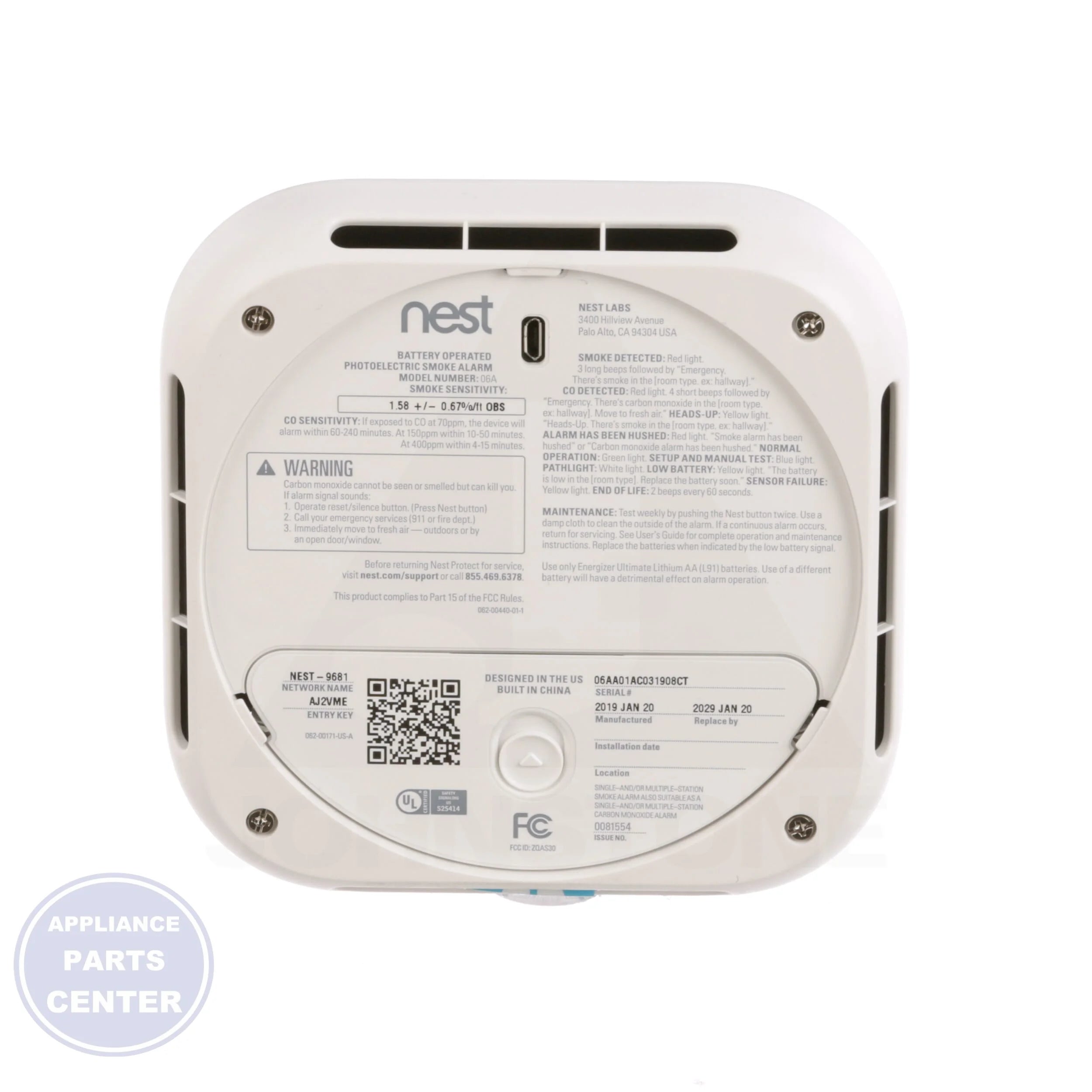 Nest Protect S3004PWBUS - Side view with 10-year CO sensor lifetime