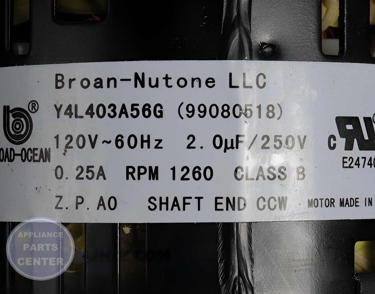 Broan Nutone Fan Motor S99080518 - Main view showing high airflow for Broan Nutone models