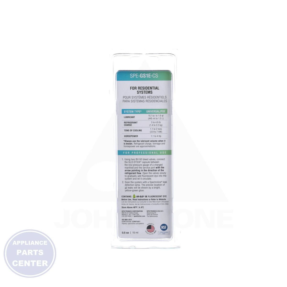 GLO-STICK® 1E Fluorescent Dye Capsule - Side view with concentrated formula specs