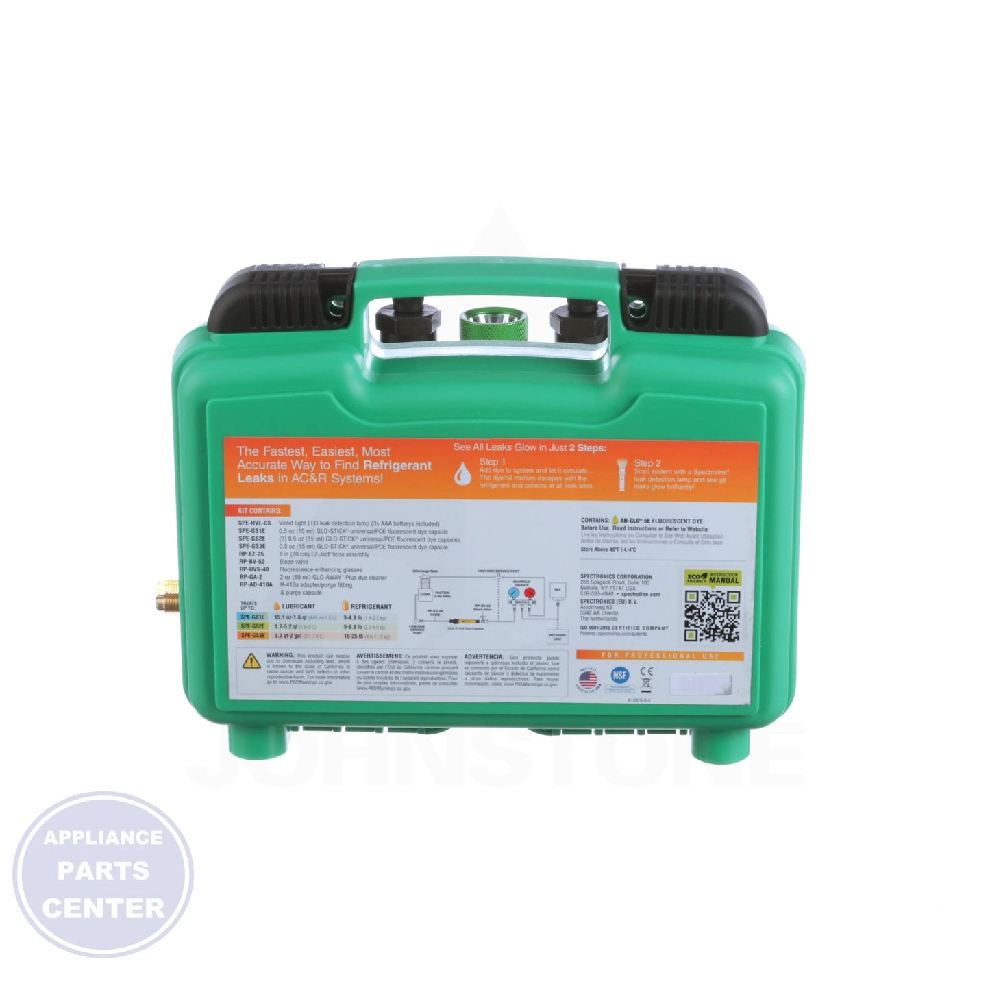 GLO-STICK® Complete Dye Leak Detection Kit SPE-HVLGSE - Side view with specific dye capacities