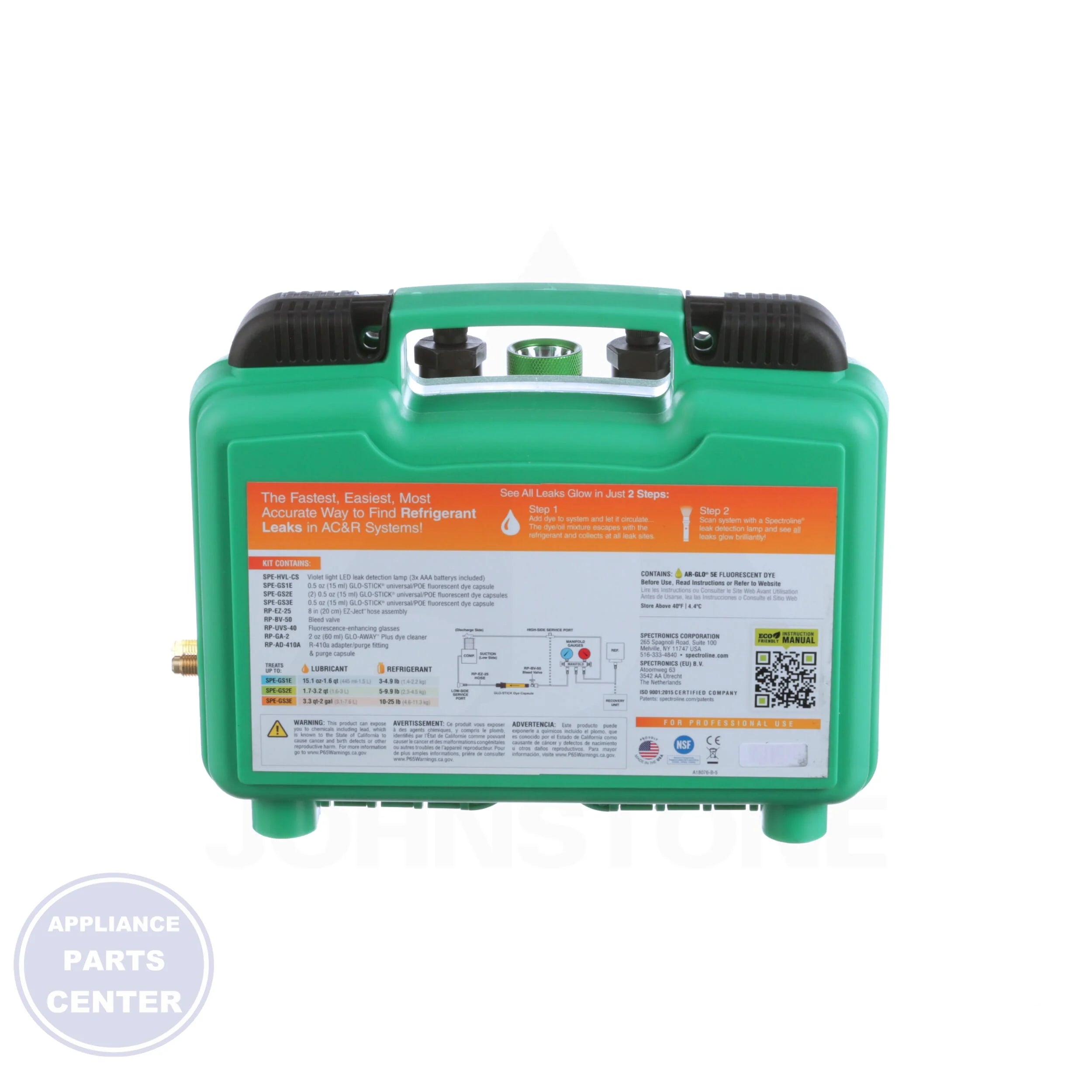 GLO-STICK® Complete Dye Leak Detection Kit SPE-HVLGSE - Side view with specific dye capacities