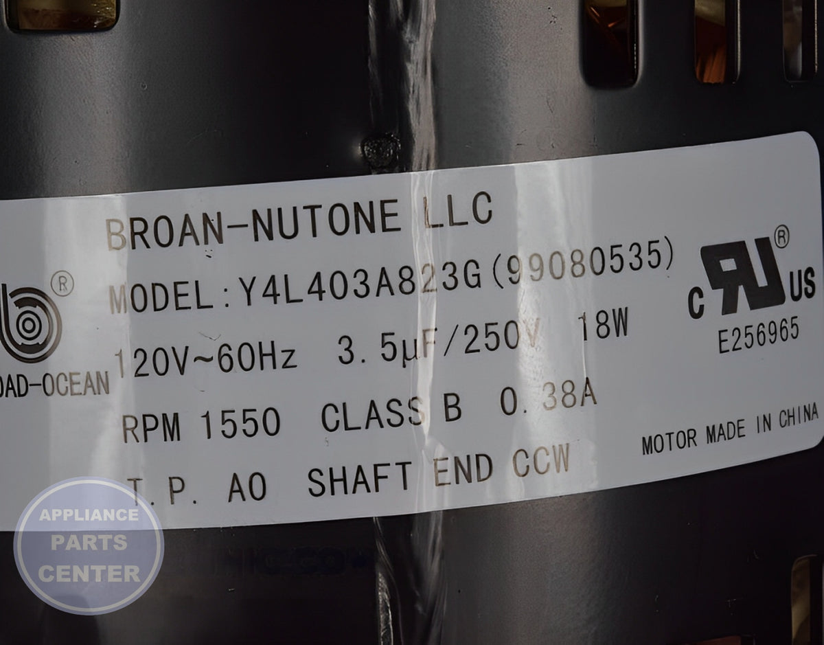 BROAN RANGE MOTOR SR99080535 - Side view with efficient ventilation specs