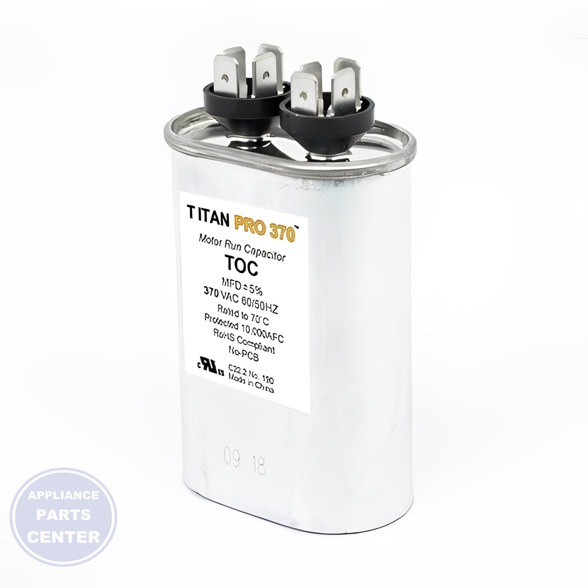 PACKARD TITAN PRO RUN CAPACITOR 10 MFD 370 VOLT OVAL - Detailed view of 10 microfarads capacitance