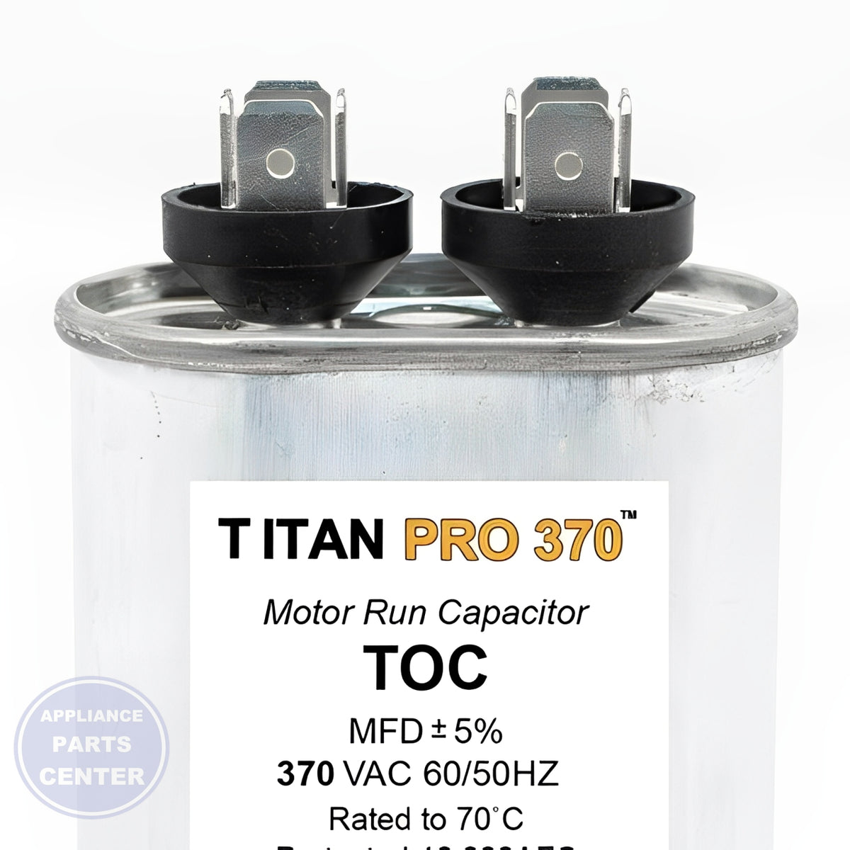 PACKARD TITAN PRO RUN CAPACITOR 10 MFD 370 VOLT OVAL - Side view with 370V rating