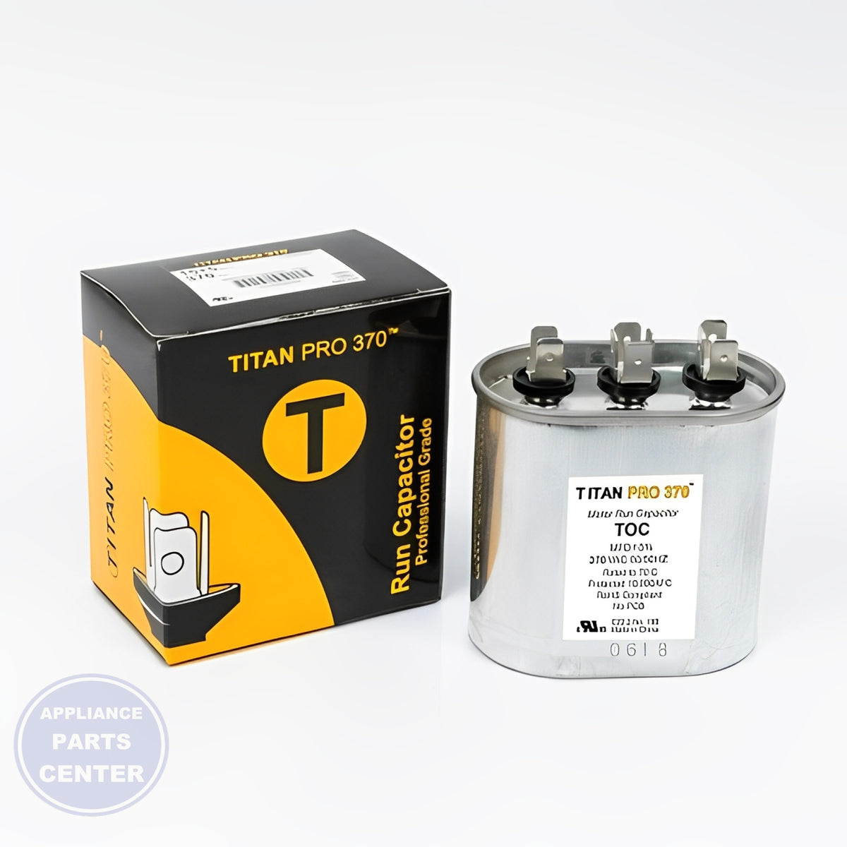 PACKARD TITAN PRO RUN CAPACITOR 5 MFD 370 VOLT OVAL - Detailed view of 5 MFD capacitance