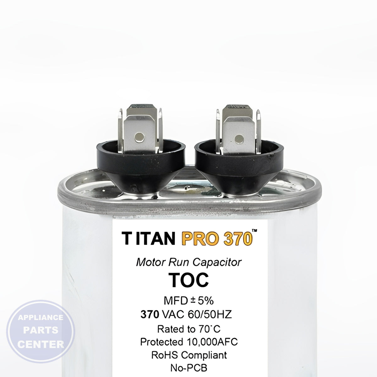 PACKARD TITAN PRO RUN CAPACITOR 5 MFD 370 VOLT OVAL - Side view with precise 370V rating