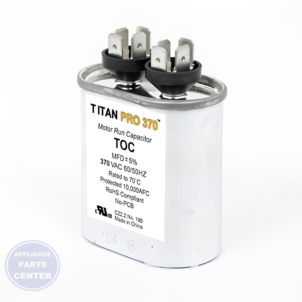 PACKARD TITAN PRO RUN CAPACITOR 5 MFD 370 VOLT OVAL - Main view showing energy-efficient design for various models