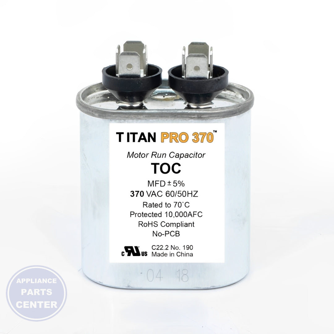 PACKARD TITAN PRO RUN CAPACITOR 5 MFD 370 VOLT OVAL - Installation in [specific model] showing key mounting points