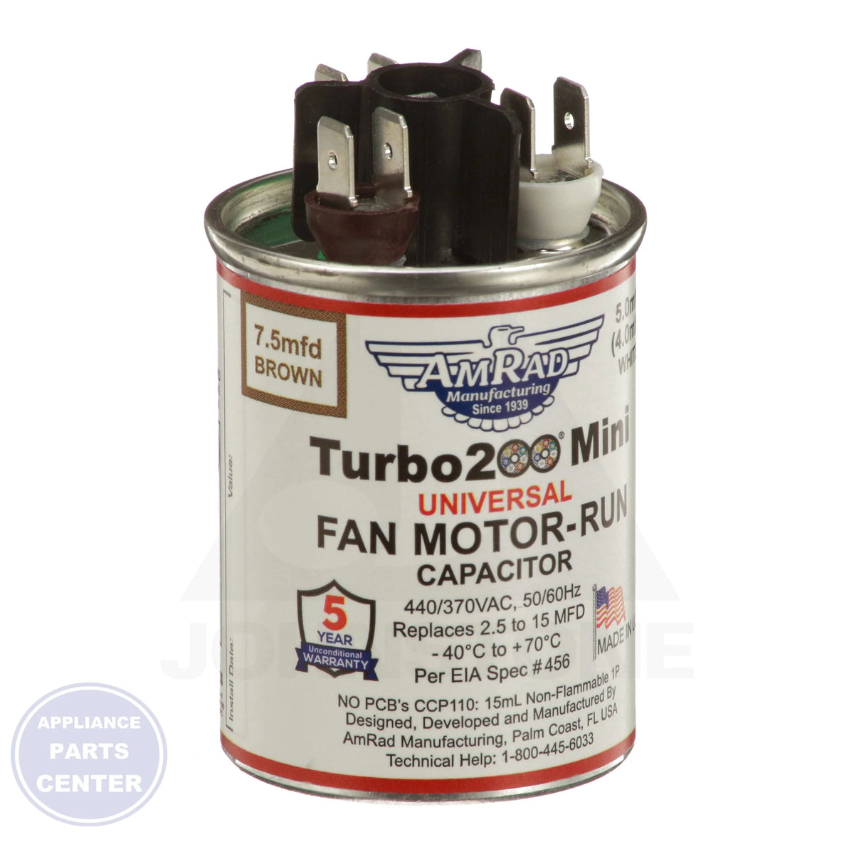 Turbo 200 Universal Replacement Run Capacitors TURBOMINI - Side view with various mfd capacities
