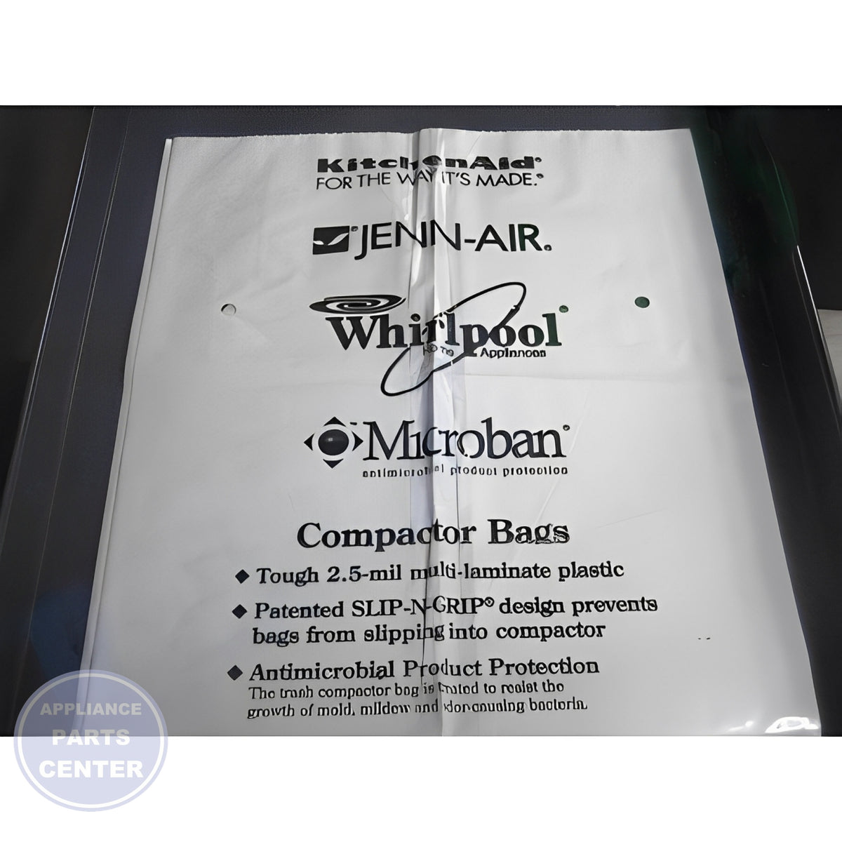 WHIRLPOOL 15" TRASH COMPACTOR BAGS 15 PACK - Installation in Whirlpool model showing easy mounting points