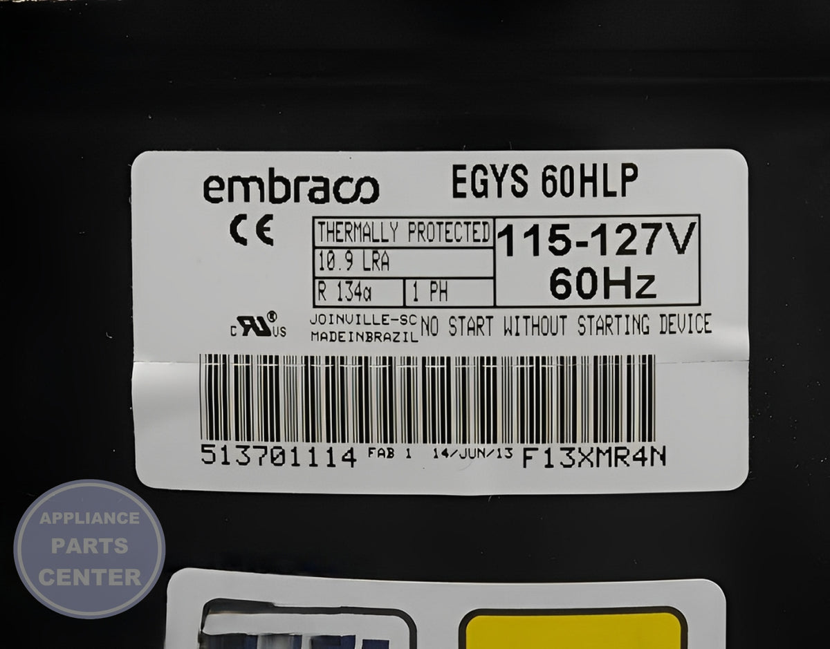 WHIRLPOOL REFRIGERATOR COMPRESSOR W10309988 - Side view with precise measurements