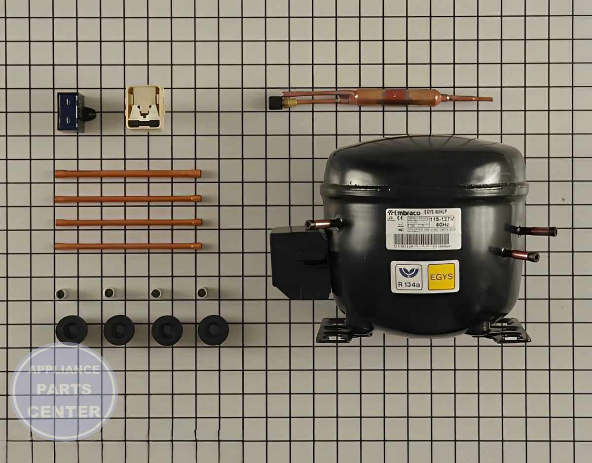 WHIRLPOOL REFRIGERATOR COMPRESSOR W10309990 - Detailed view of compressor technical details