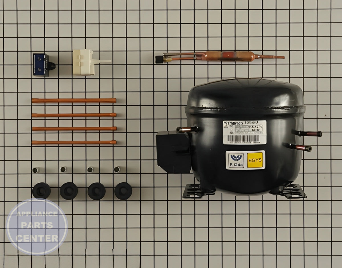 WHIRLPOOL REFRIGERATOR COMPRESSOR W10309990 - Side view with precise measurements and specifications