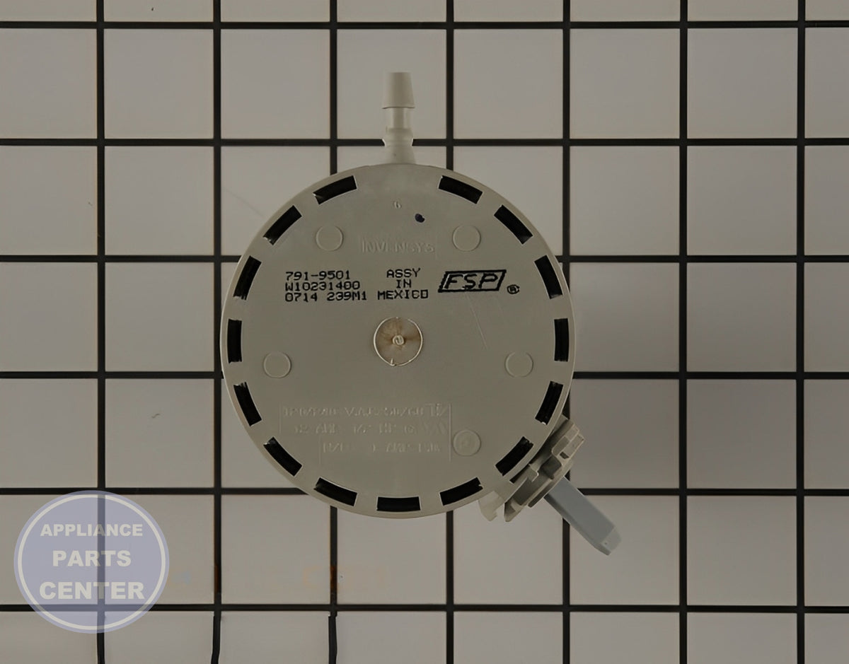 WHIRLPOOL WASHER WATER LEVEL SWITCH W10337781 - Side view with accurate technical specifications