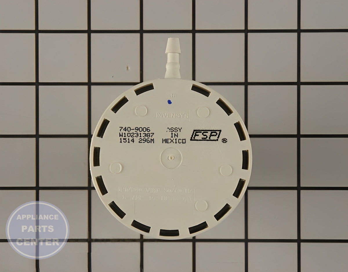 WHIRLPOOL WASHER WATER LEVEL SWITCH W10339326 - Side view with precise water level specifications