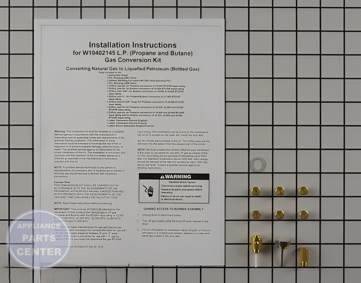 Maytag Conversion Kit W10402145 - Main view showing gas burner & control valve for various dryer models