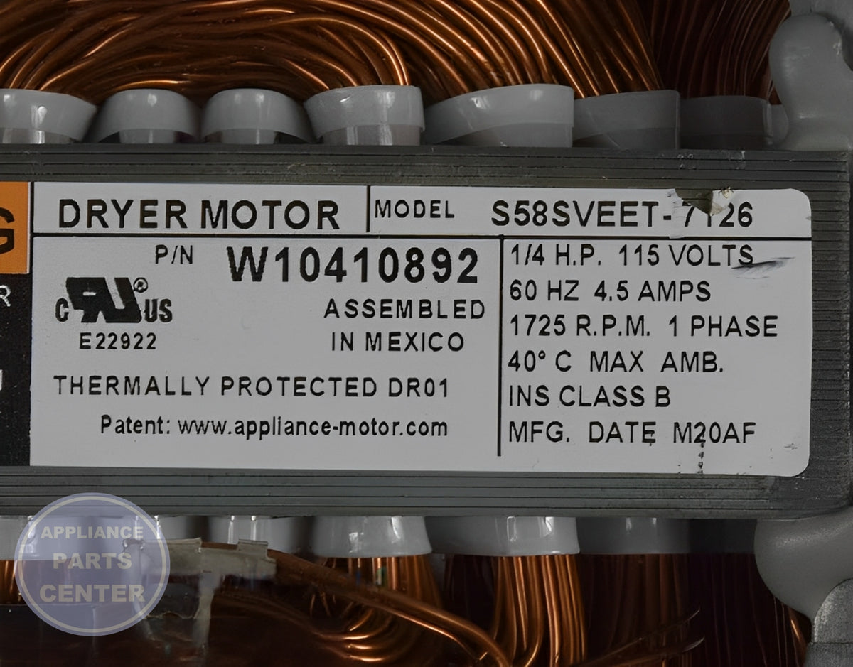 WHIRLPOOL DRYER DRIVE MOTOR W10410999 - Side view with precise motor specifications