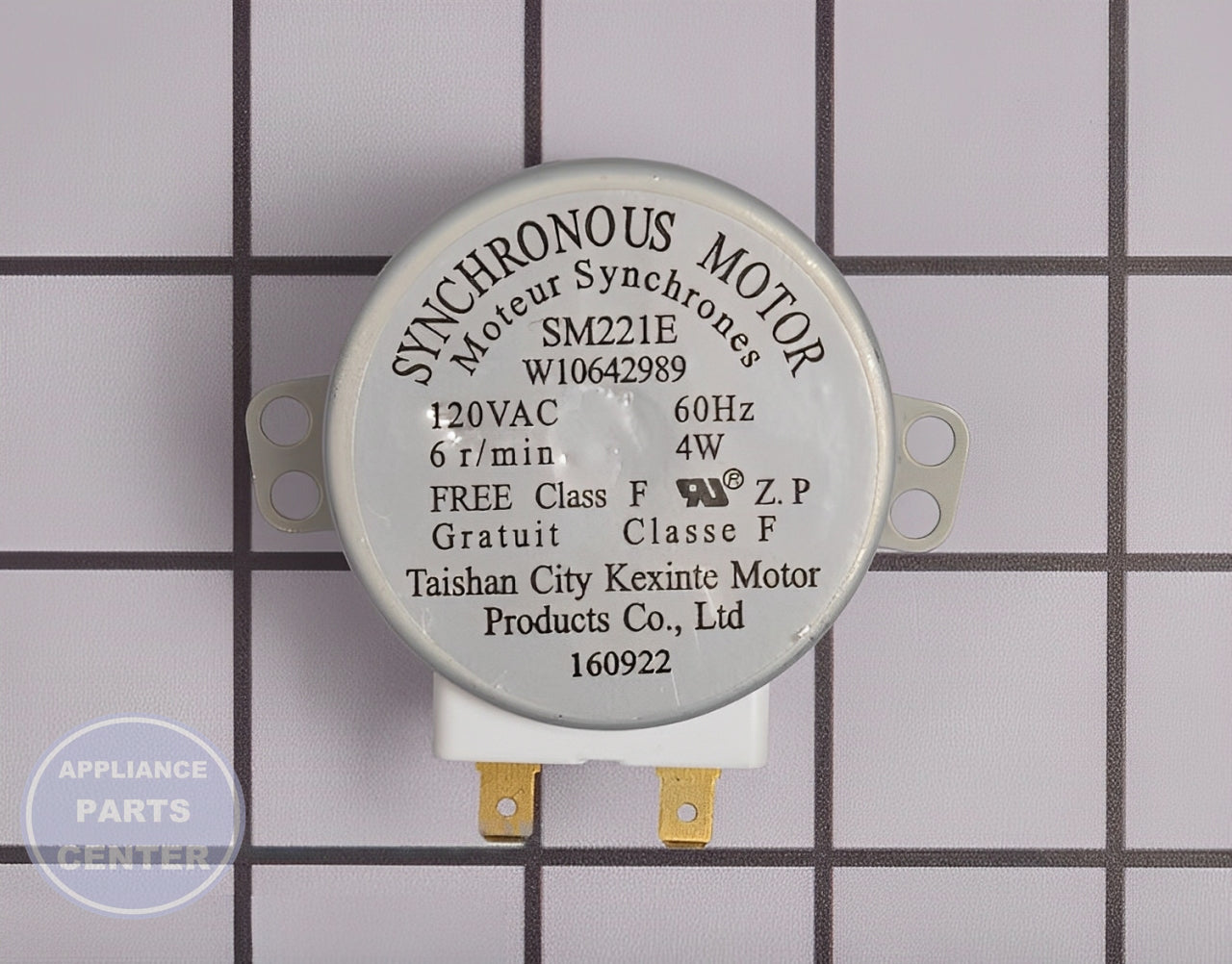 WHIRLPOOL MICROWAVE OVEN TURNTABLE MOTOR W10642989 - Side view with consistent rotation mechanism