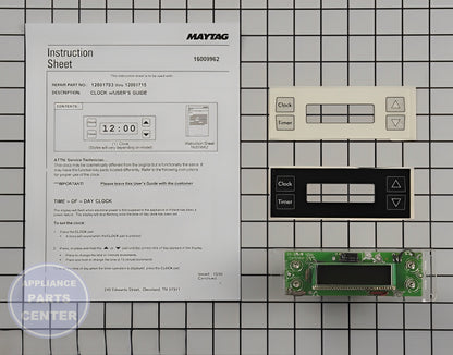 Maytag Clock Assembly W10799767 - Main view showing Circuit Board & Timer for several models