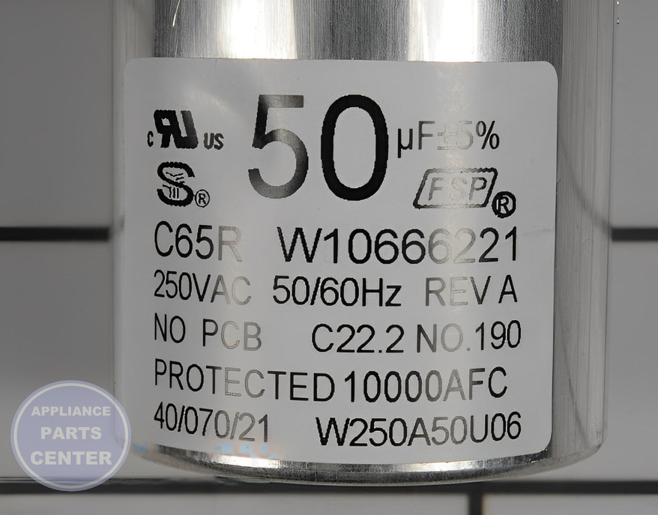 WHIRLPOOL MOTOR RUN CAPACITOR W10804664 - Detailed view of capacitor technical details