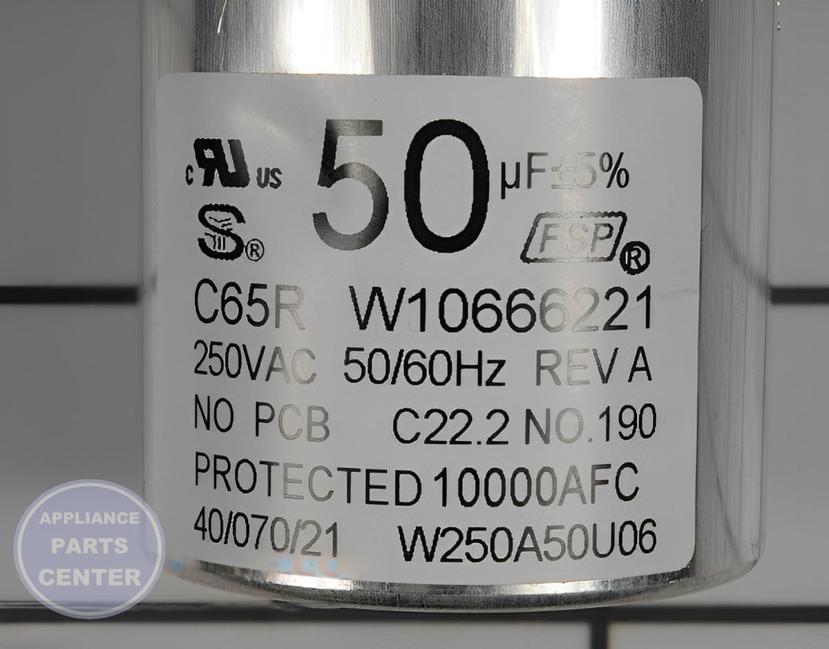 WHIRLPOOL MOTOR RUN CAPACITOR W10804664 - Detailed view of capacitor technical details