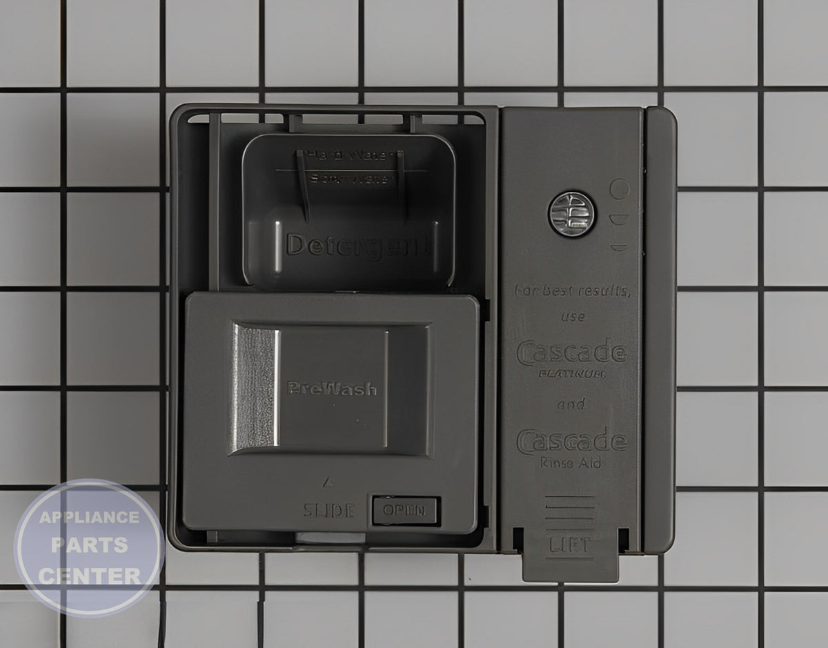 WHIRLPOOL DISHWASHER DETERGENT DISPENSER W10861000 - Side view with seamless fit for WPL models
