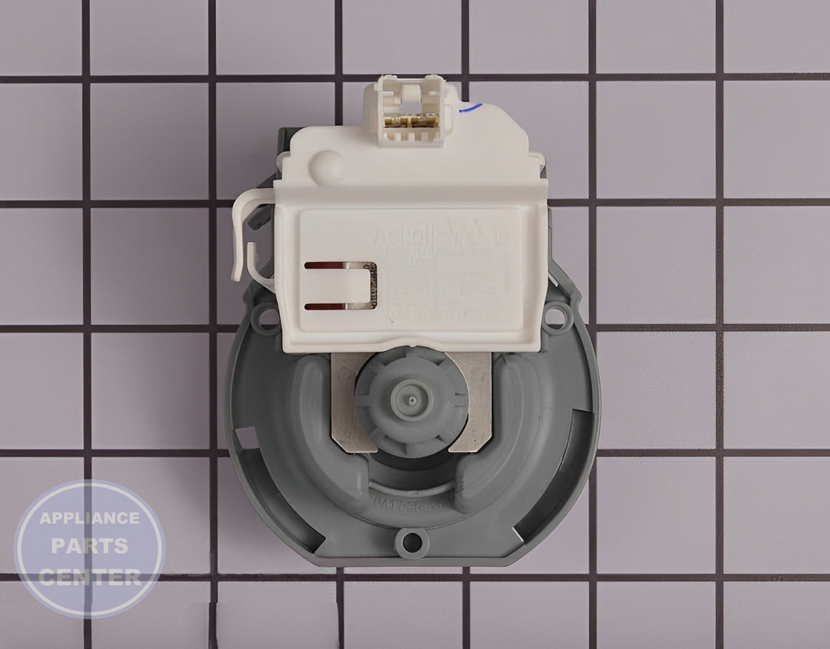 WHIRLPOOL DISHWASHER DRAIN PUMP W10876537 - Side view with precise measurements