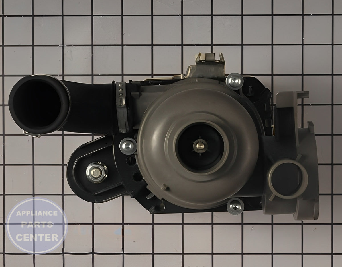 WHIRLPOOL DISHWASHER PUMP & MOTOR ASSEMBLY W10902589 - Side view with precise measurements