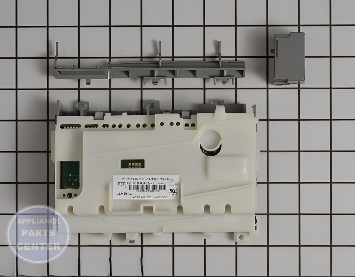 WHIRLPOOL DISHWASHER ELECTRONIC CONTROL BOARD W10906422 - Main view showing circuit board & timer for various Whirlpool models