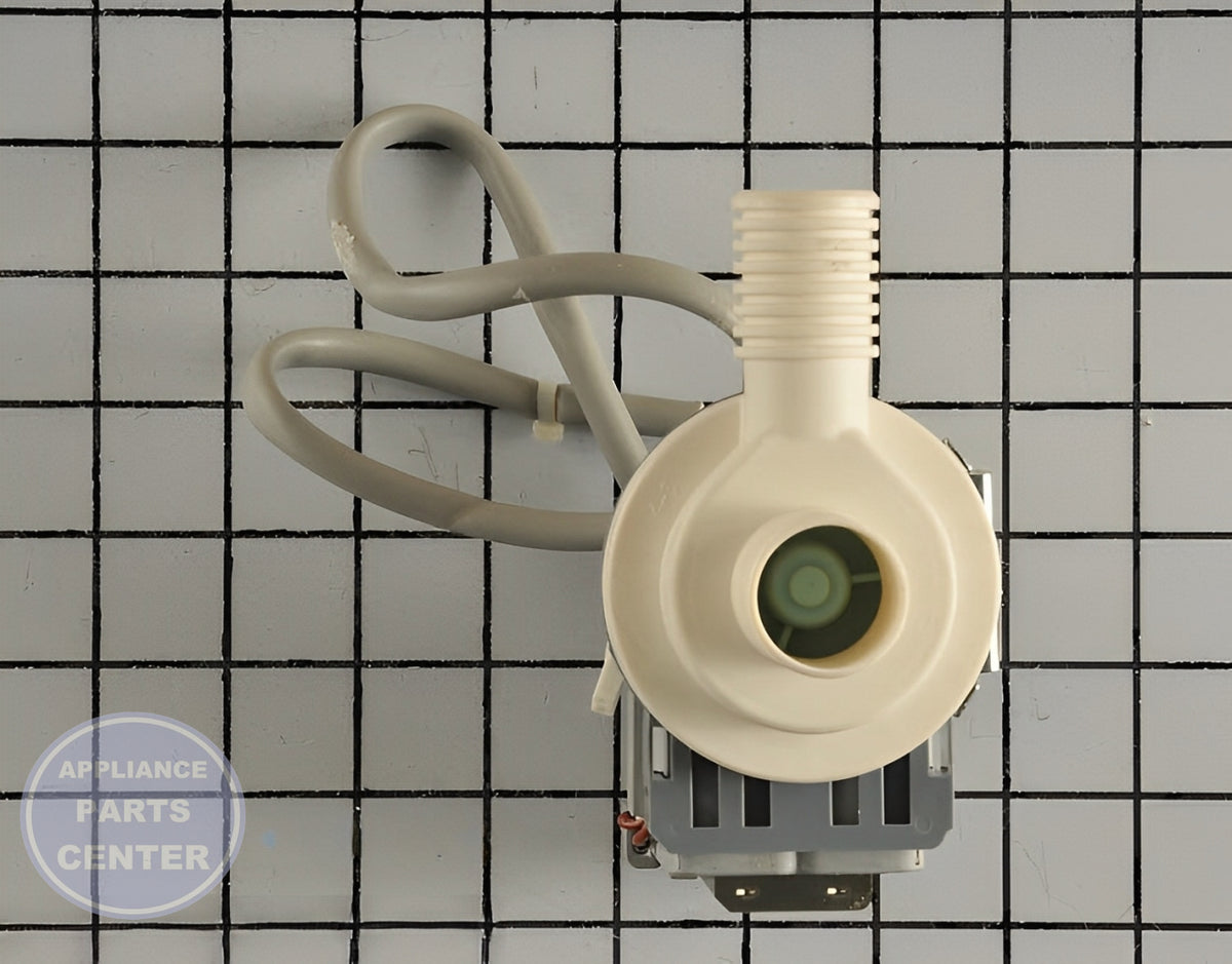 WHIRLPOOL DRAIN PUMP W10906604 - Side view with high water flow capacity