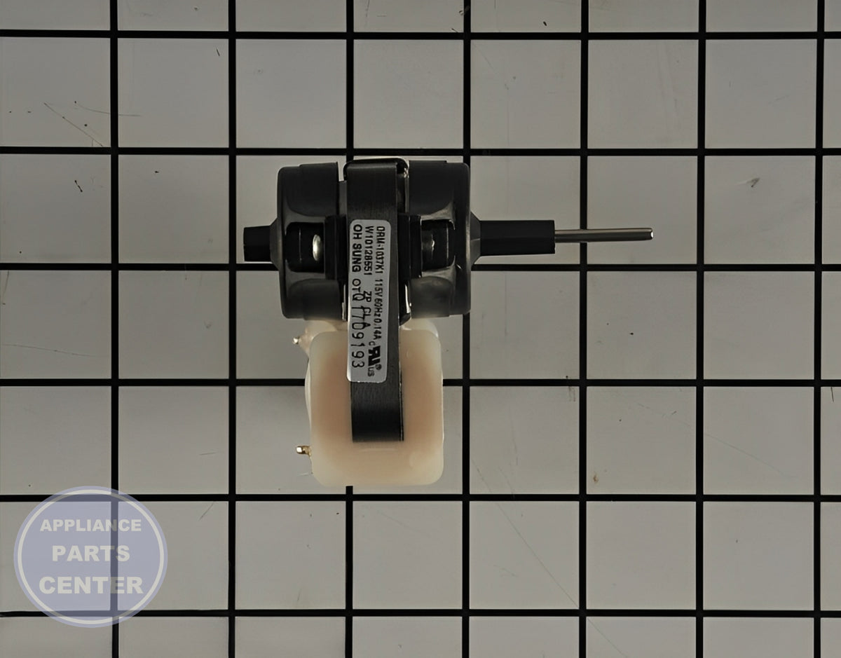 WHIRLPOOL REFRIGERATOR EVAPORATOR FAN MOTOR W11024089 - Side view with precise technical measurements