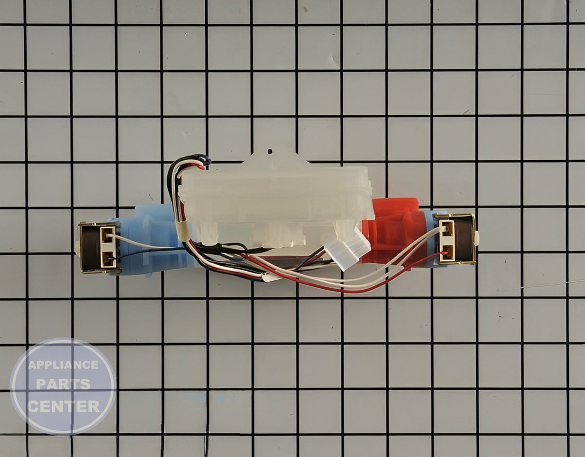 WHIRLPOOL WATER INLET VALVE W11038689 - Side view with precise measurements