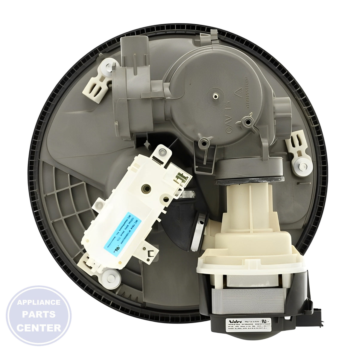 WHIRLPOOL DISHWASHER PUMP AND MOTOR W11178672 - Side view with quiet operation specifications