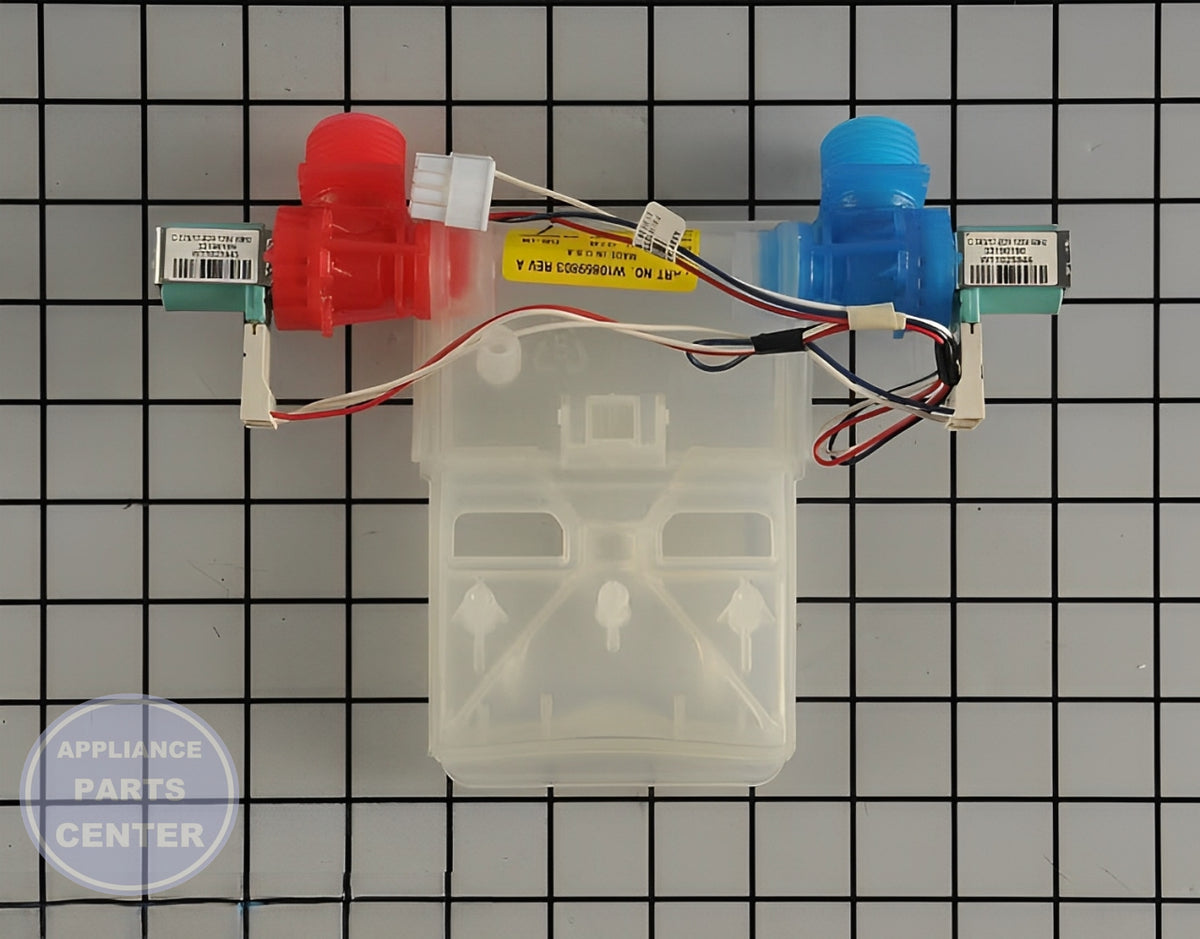 WHIRLPOOL WASHER WATER INLET VALVE W11210463 - Side view with precise measurements