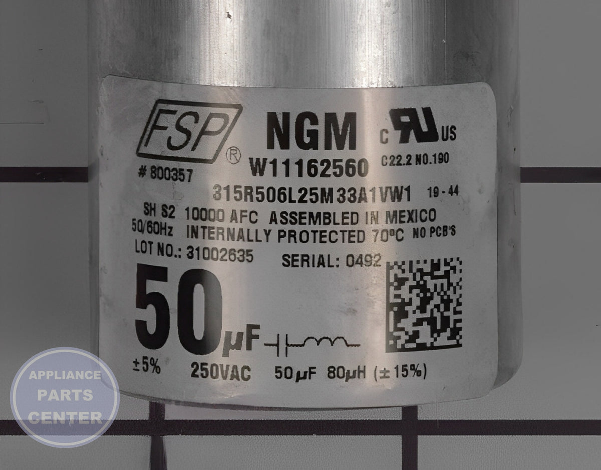 WHIRLPOOL WASHER CAPACITOR W11395618 - Detailed view of technical details