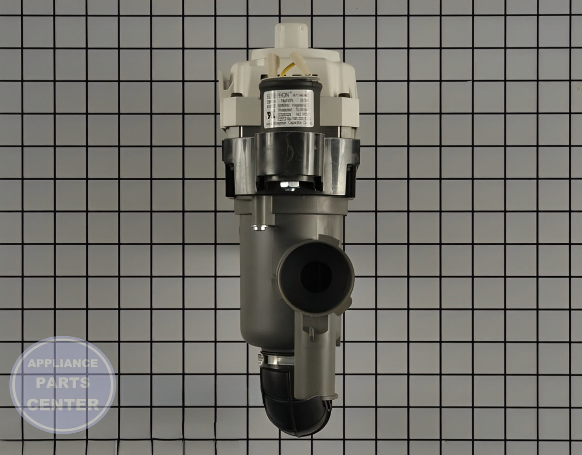 WHIRLPOOL PUMP ASSEMBLY CIRCULATION MOTOR W11414076 - Side view with high-capacity water flow specs