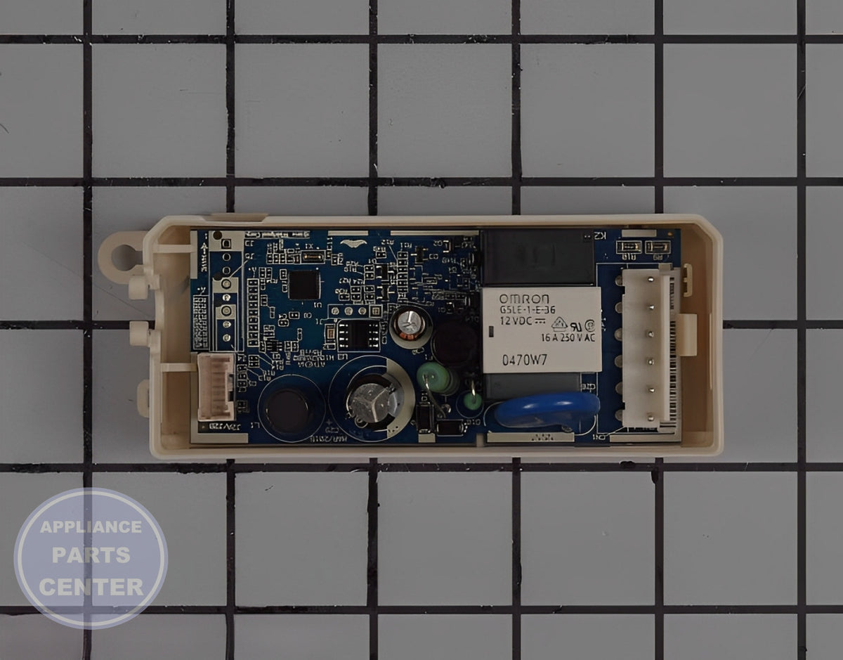WHIRLPOOL MICROWAVE ELECTRONIC CONTROL BOARD W11436574 - Side view with circuit board and timer specs