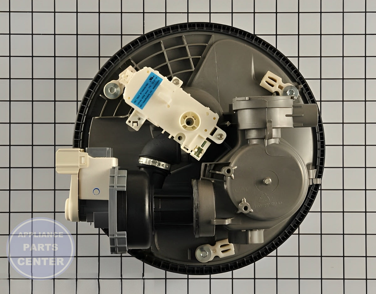 Dishwasher Pump & Motor Assembly W11665769 - Side view with precise measurements and specifications